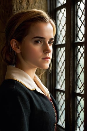 A color photograph of a young woman (Emma Watson, at the age of 14) posing by a window in Hogwarts. Blonde hair softly frames her thoughtful face as she gazes out at a unseen scene, one hand resting gently on the window sill. Outside, dusk is falling and streetlights flick on one by one, casting the world in an warm amber glow. An air of quiet reflection and stillness pervades the cozy room, as if capturing a private moment between the end of one day and the beginning of the next.