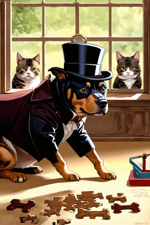 A dog in a Sherlock Holmes outfit, meticulously arranging a set of bones like a jigsaw puzzle, with a magnifying glass, while a line of curious, skeptical cats watch through a window.