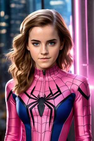 Create a hyperrealistic vertical full body photo of young Emma Watson, perfectly styled, dressed and made up as female Spiderman ((pink)), perfectly detailed eyes, detailed face, fitting cosplay make-up, perfectly tight fitting cosplay outfit ((nanofiber)), dynamic lighting, blurry electrical background