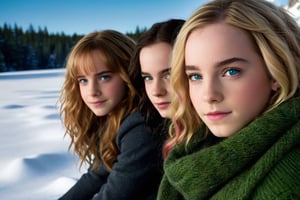 2girls, 1girl (Hermione Granger at the age of 14, blue eyes, blonde hair), 2girl (Enid Sinclair at the age of 14, green eyes, multicolored hair), lying in the snow, wears tight fitting black nanofiber bodies, relaxing, soaking in the last winter sun, realistic, setting sun, dim light