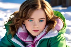 (1st girl (Hermione, at the age of 11, blue eyes, brown hair, brown messy hair)), (2nd girl (Enid Sinclair at the age of 14, green eyes, short hair, multicolored hair)), lying in the snow, wearing tight fitting nanofiber snowsuits, relaxing, soaking in the last winter sun, realistic, setting sun, dim light