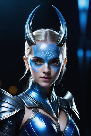 ((Hip shot)), create a hyperrealistic vertical photo of the most attractive alien girl creature (resembles Emma Watson at the age of 14) with azure blue skin standing within neon light, beautiful yellow eyes, pointing ears, platinum blonde hair, dangerous realistic alien, detailed face, detailed armor, metallic armor, body made of azure blue glass, intricate beauty, bioluminescence, black veins, highly detailed eyes, sparkling, reflections, (translucent), dangerous look, simple background, dim light, volumetric lighting, hyperrealistic, blurred foreground, blurred background, (bloodborne:1.1), posing for the camera, science fiction