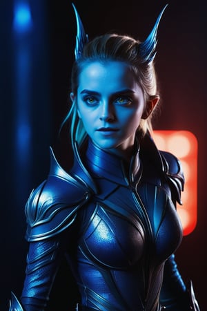 ((Hip shot)), create a hyperrealistic vertical photo of the most attractive alien girl creature (resembles Emma Watson at the age of 14) with azure blue skin standing within neon light, beautiful yellow eyes, pointing ears, platinum blonde hair, dangerous realistic alien, mystic realistic alien, detailed face, detailed red armor, glowing red armor, body made of scarlet red glass, intricate beauty, bioluminescence, blue veins, highly detailed eyes, sparkling, reflections, (translucent), dangerous look, simple background, dim light, volumetric lighting, hyperrealistic, blurred foreground, blurred background, (bloodborne:1.1), posing for the camera, science fiction