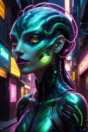 A serpentine creature with iridescent scales slithers through a neon-lit cyberpunk alleyway. Its face is a mix for serpentine and female human features. Its forked tongue flickers with electric energy, and its eyes glow with an otherworldly intelligence.