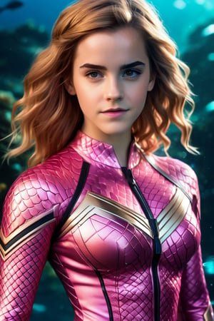 Create a hyperrealistic vertical full body photo of young Emma Watson, perfectly styled, dressed and made up as pink Aquaman, perfectly detailed eyes, detailed face, fitting cosplay make-up, perfectly tight fitting cosplay outfit ((nanofiber)), dynamic lighting, blurry deep water background