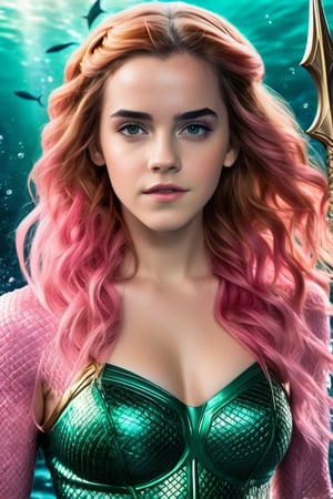 Create a hyperrealistic vertical full body photo of young Emma Watson, perfectly styled, dressed and made up as Mera (Aquaman), perfectly detailed eyes, detailed face, fitting cosplay make-up, perfectly tight fitting cosplay outfit ((pink nanofiber)), dynamic lighting, blurry deep water background