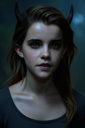 Emma Watson at the age of 14. Demon Girl style, dark, mysterious, demonic creature, glowing eyes, full body image, realistic, cinematic photo,