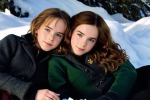 2girls, (Hermione Granger at the age of 11, blue eyes, brown hair, brown messy hair), (Enid Sinclair at the age of 14, green eyes, short hair, multicolored hair), lying in the snow, wears tight fitting black nanofiber bodies, relaxing, soaking in the last winter sun, realistic, setting sun, dim light