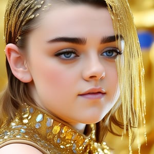 Maisie Williams, a radiant 14-year-old, stands directly in the middle of a mesmerizing waterfall of liquid gold. Her body is positioned in the middle of the waterfall of liquid gold, parting the cascading gold that cascades down her petite frame. The liquid gold clings to her tanned skin and glitters like little jewels on her cheeks, nose and shoulders, as if filled with an unearthly essence. Her brilliant blue eyes sparkle with wonder, shining like a beacon amidst the veil of mist that surrounds her.