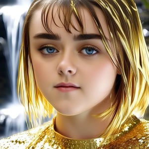 Maisie Williams, a radiant 14-year-old, stands directly in the middle of a mesmerizing waterfall of liquid gold. Her body is positioned in the middle of the waterfall of liquid gold, parting the cascading gold that cascades down her petite frame. The liquid gold clings to her tanned skin and glitters like little jewels on her cheeks, nose and shoulders, as if filled with an unearthly essence. Her brilliant blue eyes sparkle with wonder, shining like a beacon amidst the veil of mist that surrounds her.