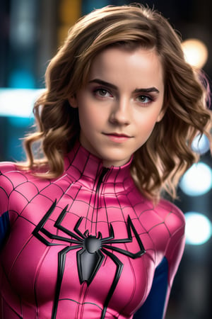 Create a hyperrealistic vertical full body photo of young Emma Watson, perfectly styled, dressed and made up as female Spiderman ((pink)), perfectly detailed eyes, detailed face, fitting cosplay make-up, perfectly tight fitting cosplay outfit ((nanofiber)), dynamic lighting, blurry electrical background