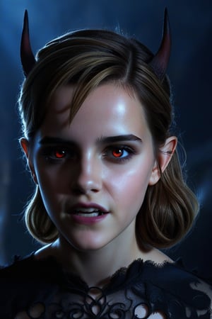 Emma Watson at the age of 14. Demon Girl style, dark, mysterious, demonic creature, glowing eyes, full body image, realistic, cinematic photo,