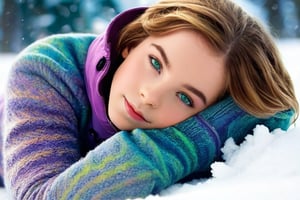 (1st girl (Hermione, at the age of 11, blue eyes, brown hair, brown messy hair)), (2nd girl (Enid Sinclair at the age of 14, green eyes, short hair, multicolored hair)), lying in the snow, wearing tight fitting nanofiber snowsuits, relaxing, soaking in the last winter sun, realistic, setting sun, dim light