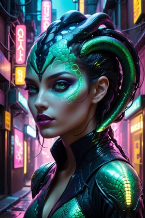 A serpentine creature with iridescent scales slithers through a neon-lit cyberpunk alleyway. Its face is a mix of serpentine and female human features (20% serpentine, 80% female). Its forked tongue flickers with electric energy, and its eyes glow with an otherworldly intelligence.