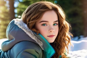 (1st girl (Hermione, at the age of 11, blue eyes, brown hair, brown messy hair)), (2nd girl (Enid Sinclair at the age of 14, green eyes, short hair, multicolored hair)), lying in the snow, wearing tight fitting nanofiber snowsuits, relaxing, soaking in the last winter sun, realistic, setting sun, dim light