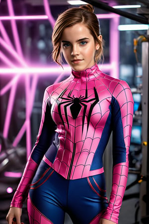 Create a hyperrealistic vertical full body photo of young Emma Watson, perfectly styled, dressed and made up as female version of Spiderman ((pink)), perfectly detailed eyes, detailed face, fitting cosplay make-up, perfectly tight fitting cosplay outfit ((nanofiber)), dynamic lighting, blurry electrical background