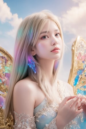 (masterpiece, best quality, CGI, official art:1.2), (stunning celestial being:1.3), (iridescent wings:1.4), shimmering silver hair, piercing sapphire eyes, gentle smile, (luminous aura:1.2), soft focus, whimsical atmosphere, serene emotion, dreamy tone, vibrant intensity, inspired by Hayao Miyazaki's style, ethereal aesthetic, pastel colors with (soft pink accents:1.1), warm mood, soft golden lighting, diagonal shot, looking up in wonder, surrounded by (delicate clouds:1.1) and (shimmering stardust:1.2), focal point on the being's face, intricate textures on wings and clothes, highly realistic fabric texture, atmospheric mist effect, high image complexity, detailed environment, subtle movement of wings, dynamic energy.