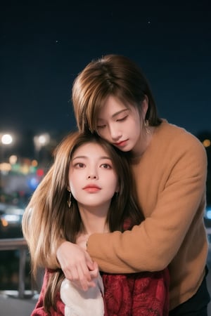 1girl, 1boy, long_hair, hug, night, black_hair, Man_hugs_girl_from_behind, shirt, hetero, looking_at_viewer, brown_hair, night_sky, couple, sky, long_sleeves, jewelry, earrings, cityscape,8K