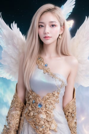 (masterpiece, best quality, CGI, official art:1.2), (stunning celestial being:1.3), (iridescent wings:1.4), shimmering silver hair, piercing sapphire eyes, gentle smile, (luminous aura:1.2), soft focus, whimsical atmosphere, serene emotion, dreamy tone, vibrant intensity, inspired by Hayao Miyazaki's style, ethereal aesthetic, pastel colors with (soft pink accents:1.1), warm mood, soft golden lighting, diagonal shot, looking up in wonder, surrounded by (delicate clouds:1.1) and (shimmering stardust:1.2), focal point on the being's face, intricate textures on wings and clothes, highly realistic fabric texture, atmospheric mist effect, high image complexity, detailed environment, subtle movement of wings, dynamic energy.