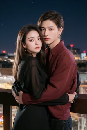 1girl, 1boy, long_hair, hug, night, black_hair, Man_hugs_girl_from_behind, shirt, hetero, looking_at_viewer, brown_hair, night_sky, couple, sky, long_sleeves, jewelry, earrings, cityscape,8K