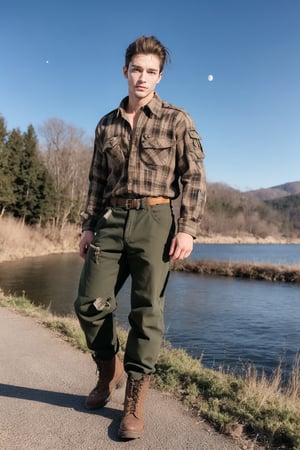 One male, trees, lake, fit body type, Handsome face, rugged, eyes with brightness, eyebrows same as hair, dark blue eyes, dark night sky, large moon in sky, dark brown hair, Sean Durrie, Dylan Faden, shaved sides of head, Mohawk hair, plaid shirt over undershirt, brown military fatigues pants, black work boots