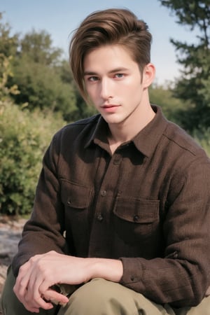 One male, trees, lake, fit body type, Handsome face, rugged, eyes with brightness, eyebrows same as hair, dark blue eyes, dark night sky, large moon in sky, dark brown hair, Sean Durrie, Dylan Faden, shaved sides of head, Mohawk hair, plaid shirt over undershirt, brown military fatigues pants, black work boots