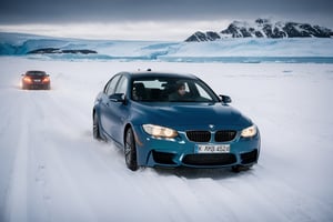 dark green BMW M3 , Racing through the polar wilderness of Antarctica, vehicles skidding on treacherous terrain, navigating perilous conditions, a masterpiece, showcasing exceptionally intricate vehicle details, with wet ground and a selective focus photography technique,Masterpiece