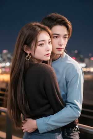 1girl, 1boy, long_hair, hug, night, black_hair, Man_hugs_girl_from_behind, shirt, hetero, looking_at_viewer, brown_hair, night_sky, couple, sky, long_sleeves, jewelry, earrings, cityscape,8K