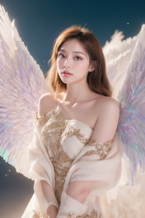 (masterpiece, best quality, CGI, official art:1.2), (stunning celestial being:1.3), (iridescent wings:1.4), shimmering silver hair, piercing sapphire eyes, gentle smile, (luminous aura:1.2), soft focus, whimsical atmosphere, serene emotion, dreamy tone, vibrant intensity, inspired by Hayao Miyazaki's style, ethereal aesthetic, pastel colors with (soft pink accents:1.1), warm mood, soft golden lighting, diagonal shot, looking up in wonder, surrounded by (delicate clouds:1.1) and (shimmering stardust:1.2), focal point on the being's face, intricate textures on wings and clothes, highly realistic fabric texture, atmospheric mist effect, high image complexity, detailed environment, subtle movement of wings, dynamic energy.