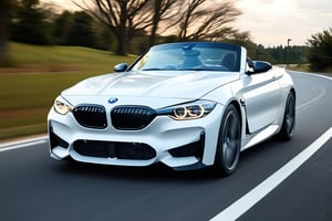 Roadster car brand BMW, white paint, in the road, evening, front view, (realistic, realism, photorealistic, photo, lifelike, natural light, naturalistic, photography, photograph, photographic), (masterpiece, best quality, highest quality, highly detailed, high resolution, 4k, 8K, UHD, HDR)