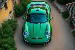 Roadster car brand Porsche, green paint, in the village, evening, top view, (realistic, realism, photorealistic, photo, lifelike, natural light, naturalistic, photography, photograph, photographic), (masterpiece, best quality, highest quality, highly detailed, high resolution, 4k, 8K, UHD, HDR)