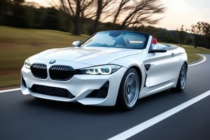 Roadster car brand BMW, white paint, in the road, evening, side view, (realistic, realism, photorealistic, photo, lifelike, natural light, naturalistic, photography, photograph, photographic), (masterpiece, best quality, highest quality, highly detailed, high resolution, 4k, 8K, UHD, HDR)