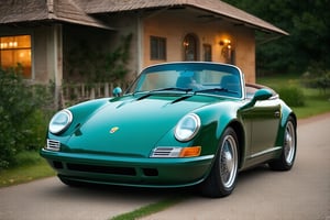 Roadster car brand Porsche, green paint, in the village, evening, front view, (realistic, realism, photorealistic, photo, lifelike, natural light, naturalistic, photography, photograph, photographic), (masterpiece, best quality, highest quality, highly detailed, high resolution, 4k, 8K, UHD, HDR)