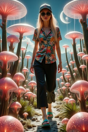 A handsome girl with a beautiful symmetric face, a pointy nose ,with futuristic metallic black sunglasses, wearing a colorful Hawaiian shirt, baggy short trousers made of pure black silk and vivid green flip flops on her feet, with shiny red nails and toenails, and a baseball cap on her long blonde hair, with DJ like earphones, walking in a magical landscape of huge arcane magic mushrooms and huge arcane cacti of various colors and shapes, a psychedelic vibe, hyper detailed, dynamic lighting, detailed textures, vivid colors, ultra detailed shadowing, HDR, 16k