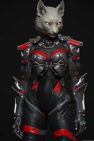 A hybrid between a beautiful woman and a female wolf in an armored mecha suit made of titanium that is black and red, the suit hosts state of the art technology and on the suit we see some transparent plexyglass tubes and in them is oil that serves as an ointment for the joints of the suit, the suit design is in H.R. Gigers style, the creature has a human face with eyes, ears and nose that have features of a wolf, hyper detailed, Ocatane Render, superb textures, ultra high resolution, raytraced, 16k, Mecha