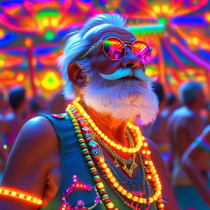 A caricature of a rave party grandpa in summer clothes, wearing colorful LED lit bracelets on his arms and legs, he has a brightly lit chain around his neck emanating vibrant and colorful light, his fancy sports shoes have micro LED lights all over them, he is dancing at a carnival full of bright lights and colorful rides, the scene is a glowing and brilliantly lit futuristic neo punk fantasy, vivid colors, supreme shadowing, raytraced, hyper detailed, HDR, 16k