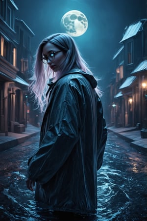 A mysterious figure, shrouded in secrecy, emerges from the shadows. A woman clad in a weathered raincoat, her platinum locks cascading down her back like a river of gold, frames her striking features - piercing blue eyes and bespectacled gaze. The full moon casts an ethereal glow upon the suburban street, illuminating the scene with lush, cinematic lighting. Octane rendering brings forth hyper-realistic details, capturing every nuance of this nocturnal tableau,FuturEvoLabVFX