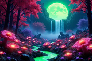 Create an enchanted landscape full of alien plants, strangely shaped flowers, unusual mushrooms, all growing from radiation based soil that glows with a neon green light from the cracks in the ground, there is a forest of tall trees with red leaves that have a radiant shine, in the background there is a waterfall with glowing blue water, there is an abundant amount of mist in the scene and the landscape is lit by the bright green sun in the clear sky that has a purple color, psychedelic art style, Octane render, hyper detailed, detailed textures, cinematic lighting, dynamic shadows, HDR10+, Leica lens clarity, 16k,noc-fantasy