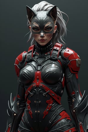 A hybrid between a beautiful woman and a female wolf in an armored mecha suit made of titanium that is black and red, the suit hosts state of the art technology and on the suit we see some transparent plexyglass tubes and in them is oil that serves as an ointment for the joints of the suit, the suit design is in H.R. Gigers style, the creature has a human face with eyes, ears and nose that have features of a wolf, hyper detailed, Ocatane Render, superb textures, ultra high resolution, raytraced, 16k, Mecha