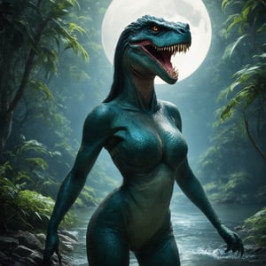 In a lush jungle, under the silvery glow of a full moon, an exotic beauty stands by the river's edge. Her emerald skin glistens with snake-like scales, refracting light like a jewel-toned mirror. A T-Rex-inspired face, painted with vibrant neon warrior markings, gazes forward. Below, her human-like physique is clothed in supple leather, accentuating her hourglass figure. The atmosphere is mystical, bathed in the soft luminescence of the moon, as if the jungle itself has come alive under its watchful gaze.,(best quality, 4K, 8K, high-resolution, masterpiece), ultra-detailed, best detailed, details, skin detailed, photorealism, photorealistic, intricate, elegant, highly detailed, insane details, intricate details, hyper detailed,photogenic_LDG