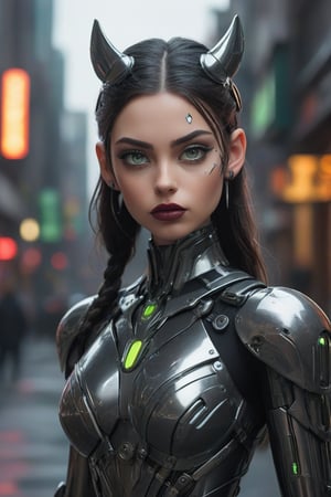 A female cyborg with a human head all elegant, symmetric face, piercing green eyes, a serious gaze, pointy nose, perfect sensible ears with high tech ear plugs, with black face paint stripes on her cheeks and beautiful meaty lips with shiny black lipstick, her biomechanical body armor is made from expensive metal and steel alloys with a chrome metallic shine, extra durable and designed to complement the female body figure, on the body armor there are some futuristic neon light stripes that emanate discrete light, the cyborg is located on a town square of a futuristic megapolis resembling a Neo New York like cyberpunk city with all the elements of a futuristic city in a sci fi Hollywood blockbuster, hyper detailed, ultra detailed textures, octane render, immaculate lighting, majestic, perfect rendering, HDR, 16k