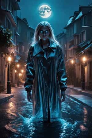 A mysterious figure, shrouded in secrecy, emerges from the shadows. A woman clad in a weathered raincoat, her platinum locks cascading down her back like a river of gold, frames her striking features - piercing blue eyes and bespectacled gaze. The full moon casts an ethereal glow upon the suburban street, illuminating the scene with lush, cinematic lighting. Octane rendering brings forth hyper-realistic details, capturing every nuance of this nocturnal tableau,FuturEvoLabVFX