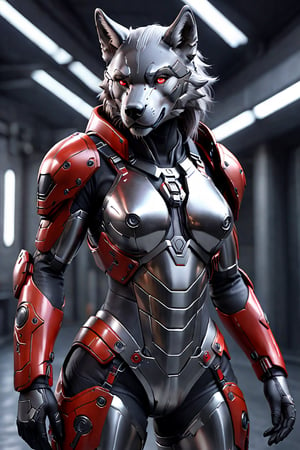 A hybrid between a beautiful woman and a female wolf in an armored mecha suit made of titanium that is black and red, the suit hosts state of the art technology and on the suit we see some transparent plexyglass tubes and in them is oil that serves as an ointment for the joints of the suit, the suit design is in H.R. Gigers style, the creature has a human face with eyes, ears and nose that have features of a wolf, hyper detailed, Ocatane Render, superb textures, ultra high resolution, raytraced, 16k, Mecha