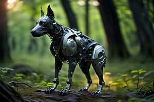 A cyborg dog made completely of the most expensive alloys that modern scientists use, the design resembles a Doberman just that it has state of the art aerodynamic lines, standing in front of a futuristic army base deep in an unknown forest, detailed textures, Futurism, ray tracing, cinematic lighting, Nikon, super detail, UHD, masterpiece,jixie