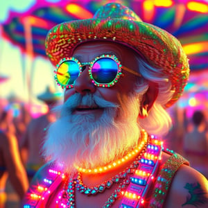 A caricature of a rave party grandpa in summer clothes, wearing colorful LED lit bracelets on his arms and legs, he has a brightly lit chain around his neck emanating vibrant and colorful light, his fancy sports shoes have micro LED lights all over them, he is dancing at a carnival full of bright lights and colorful rides, the scene is a glowing and brilliantly lit futuristic neo punk fantasy, vivid colors, supreme shadowing, raytraced, hyper detailed, HDR, 16k