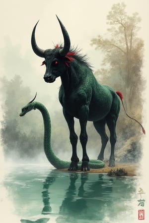 Very beautiful solemn landscape background, background brush strokes, ink painting, ink art style, Chinese mythology, minotaur, black bull head, red eyes, red tail, black big horns, body with big green scales, four legs, standing by the lake, two Catching a snake with only one claw, upright, terrifying and domineering, side view, body wrapped in mist, mysterious aura
