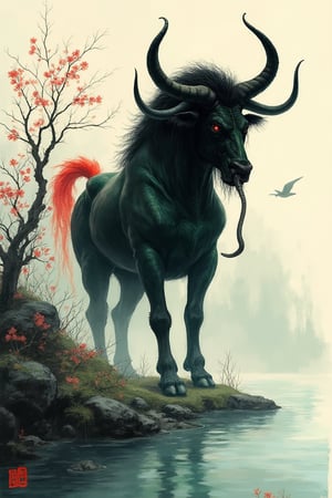 Very beautiful solemn landscape background, background brush strokes, ink painting, ink art style, Chinese mythology, minotaur, black bull head, red eyes, red tail, black big horns, body with big green scales, four legs, standing by the lake, two Catching a snake with only one claw, upright, terrifying and domineering, side view, body wrapped in mist, mysterious aura
