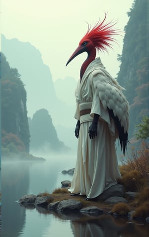 A majestic, crane-headed man stands upright, its red head held high as it surveys the serene landscape. The human lower half is clad in ancient white robes, adding to the enigmatic aura. The creature's gaze meets ours, its eyes piercing through the misty morning air. To its left, a tranquil pond reflects the surrounding mountains and rivers, creating a sense of harmony. In this composition, we see both the crane-headed man from the side view and full-body perspective, inviting us to step into its mystical world.