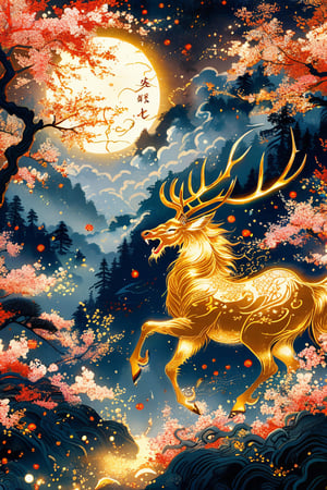 Masterpiece, beautiful and aesthetic, ultra detail, intricate, calligraphy brush, gold leaf sparkle, kanji, intricate nishiki-e, describing an epic scene, a mystical qilin galloping through a lush forest, its antlers glowing, leaving a trail of blossoms in its wake. Inspired by Chinese folklore.