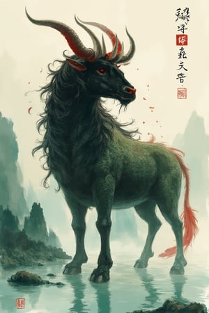 Very beautiful solemn landscape background, background brush strokes, ink painting, ink art style, Chinese mythology, minotaur, black bull head, red eyes, red tail, black big horns, body with big green scales, four legs, standing by the lake, two Catching a snake with only one claw, upright, terrifying and domineering, side view, body wrapped in mist, mysterious aura
